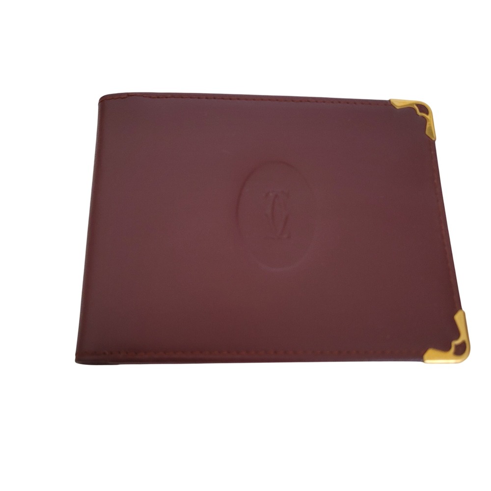 Cartier Must de Cartier Burgundy Leather Bifold Money Clip Wallet Gold Corners